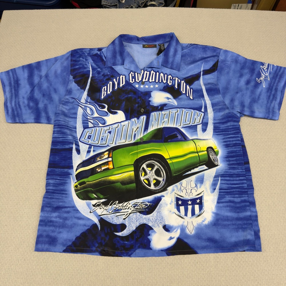 Boyd Coddington Shirt‎ Mens XXL Blue Truck Eagle All Over Print USA Y2k Casual